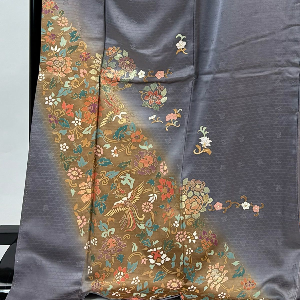 訪問服 身長175cm 袖長66cm M 雙層 草花紋紋 鳳凰 金彩裝飾 漸層 灰紫 純蠶絲 秀品級