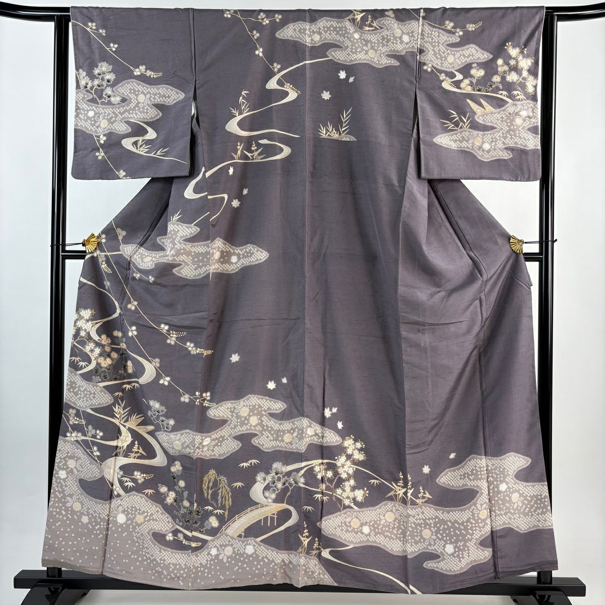 訪問服 身長159cm 袖長63.5cm S 雙層 紬織織 菊花 流水 金彩裝飾 灰紫 純蠶絲 秀品級