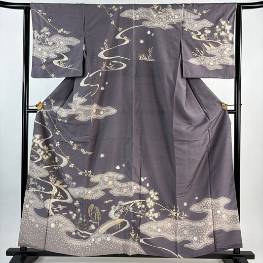 訪問服 身長159cm 袖長63.5cm S 雙層 紬織織 菊花 流水 金彩裝飾 灰紫 純蠶絲 秀品級