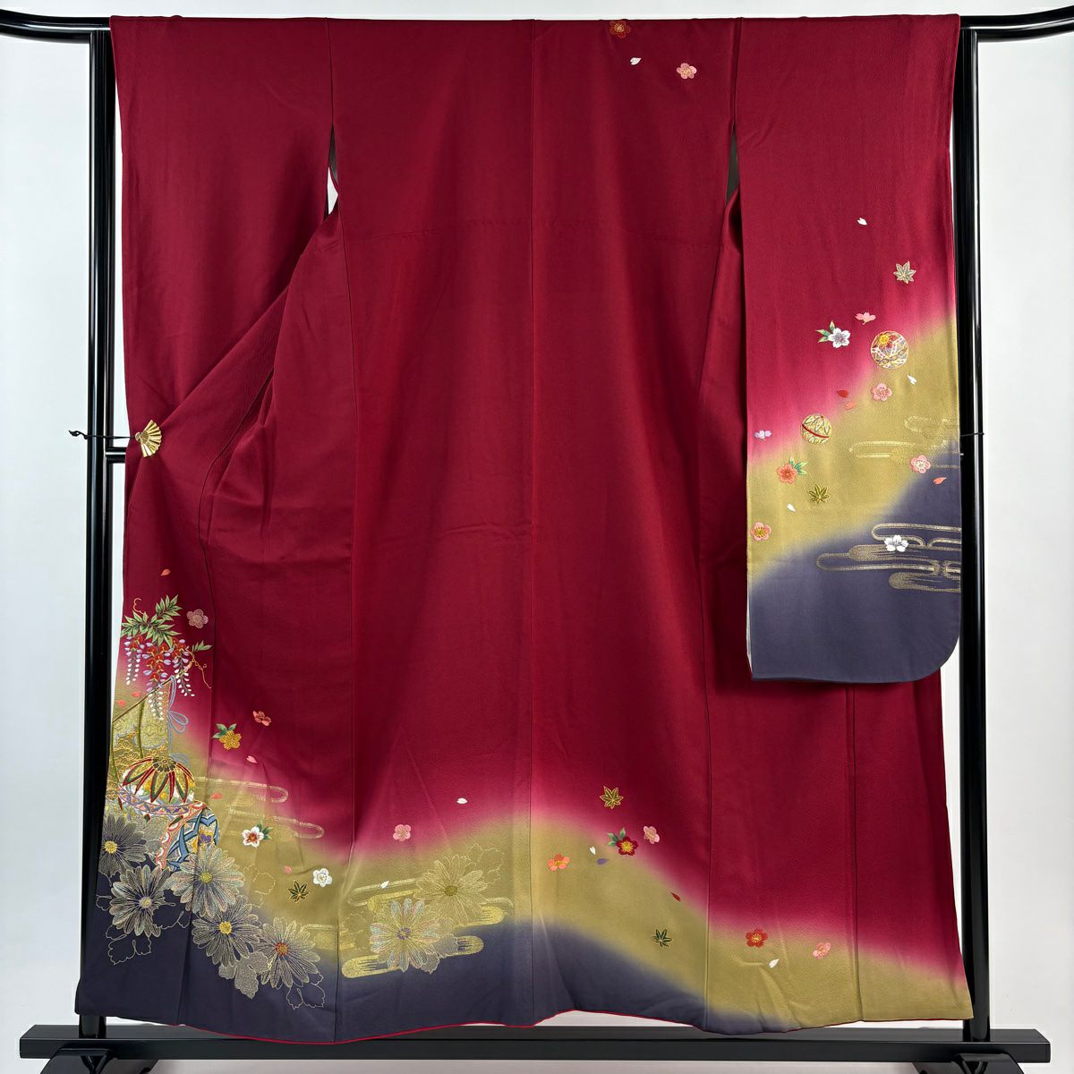 振袖禮服 身長156cm 袖長64.5cm M 雙層 手鞠 幾帳 金糸 刺繡 紅 純蠶絲 秀品級