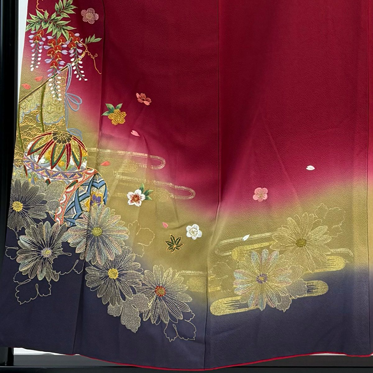 振袖禮服 身長156cm 袖長64.5cm M 雙層 手鞠 幾帳 金糸 刺繡 紅 純蠶絲 秀品級