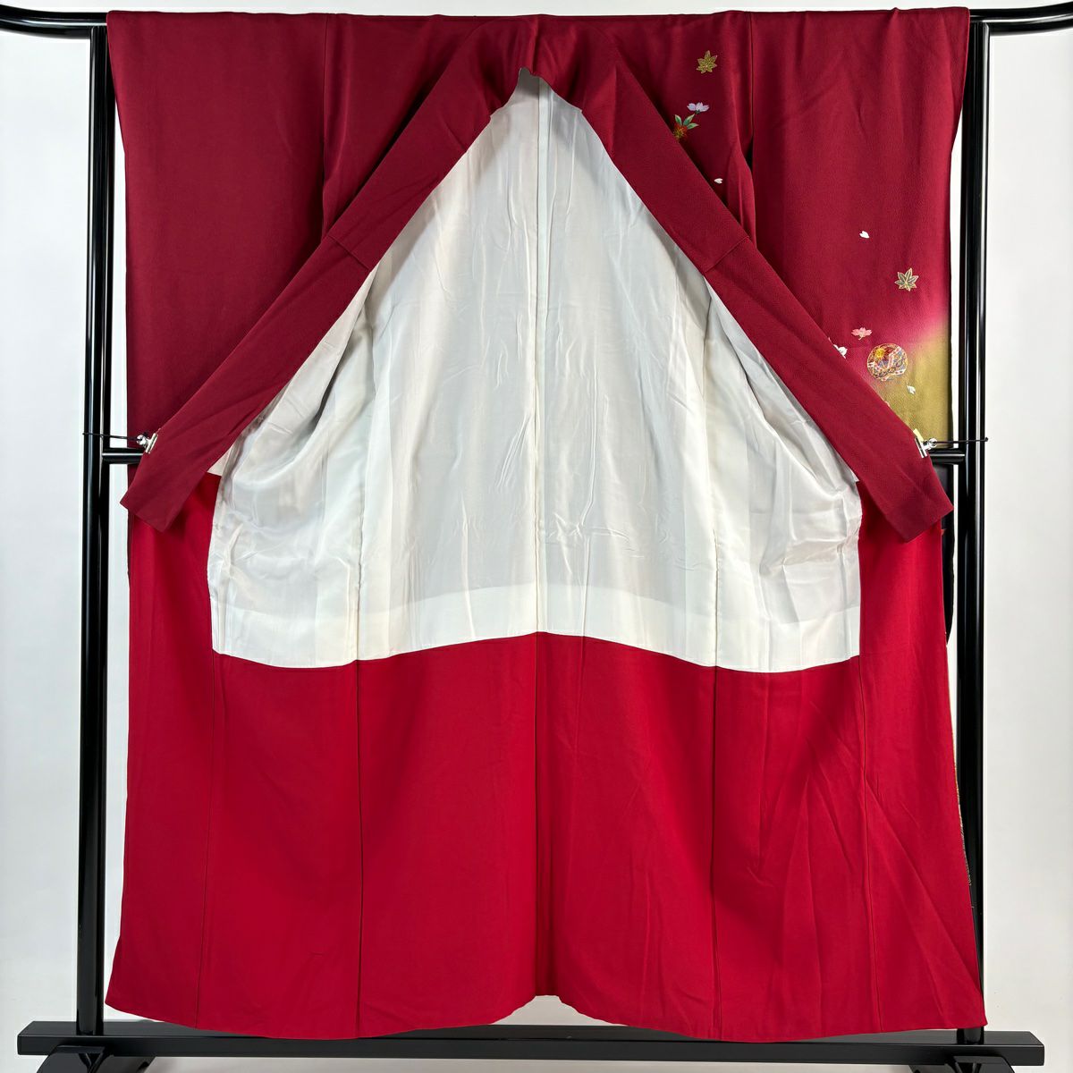 振袖禮服 身長156cm 袖長64.5cm M 雙層 手鞠 幾帳 金糸 刺繡 紅 純蠶絲 秀品級