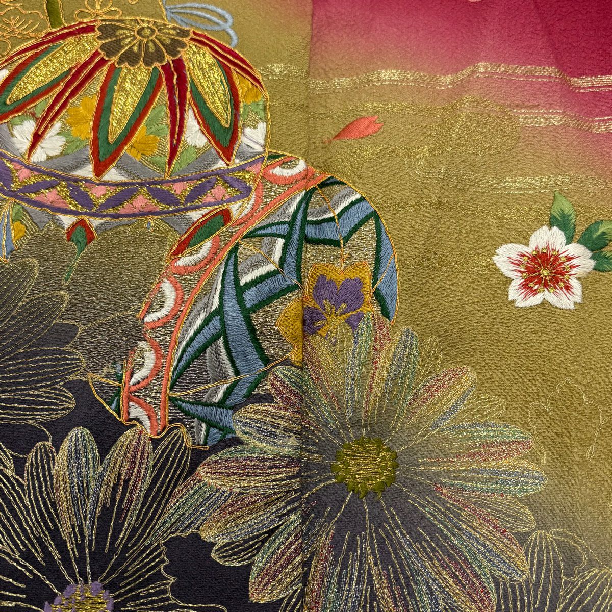振袖禮服 身長156cm 袖長64.5cm M 雙層 手鞠 幾帳 金糸 刺繡 紅 純蠶絲 秀品級
