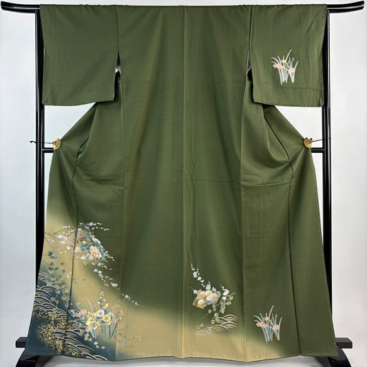 付下 身長165cm 袖長65.5cm M 雙層 扇子面 枝梅花 金銀彩 漸層 茶綠 純蠶絲 優品級