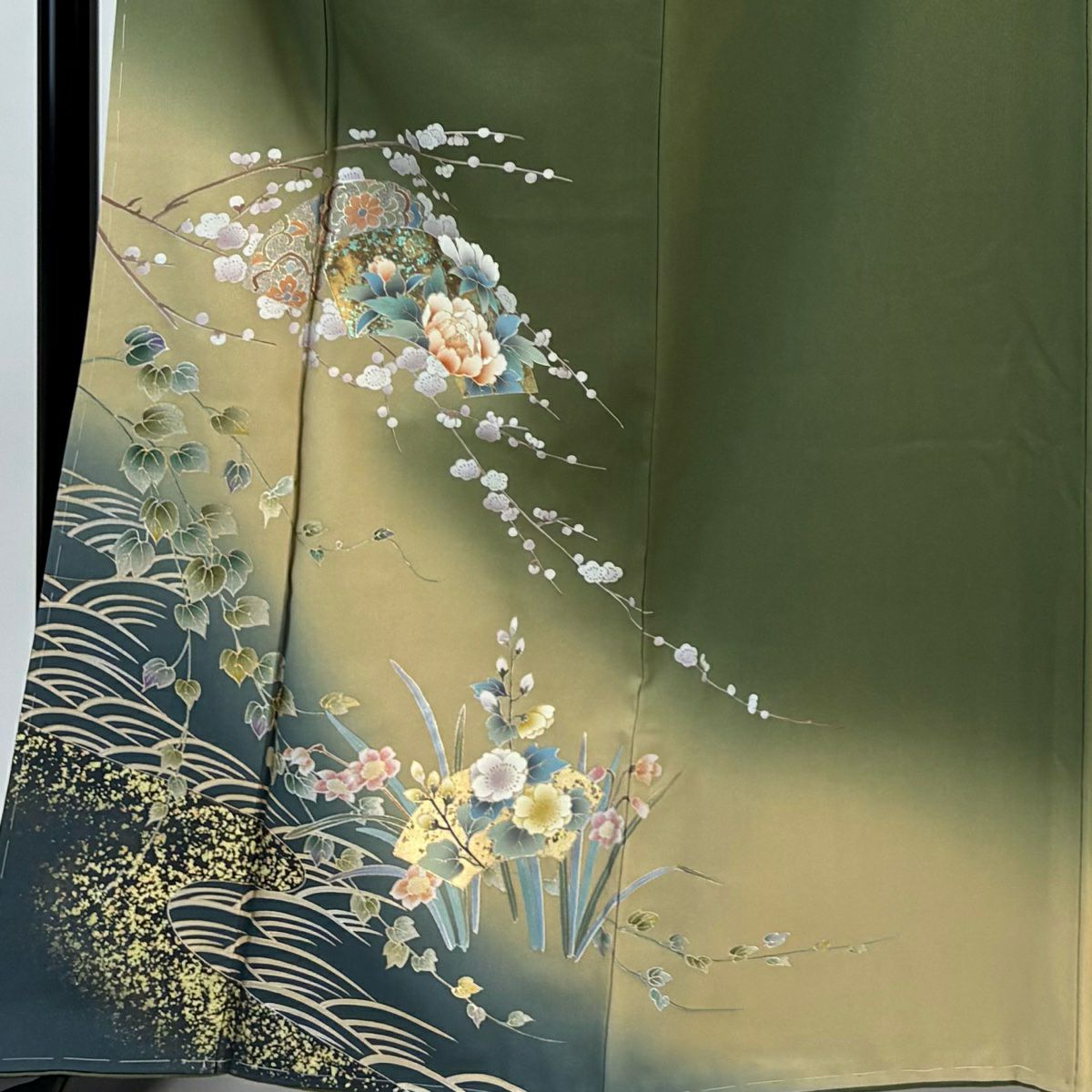 付下 身長165cm 袖長65.5cm M 雙層 扇子面 枝梅花 金銀彩 漸層 茶綠 純蠶絲 優品級