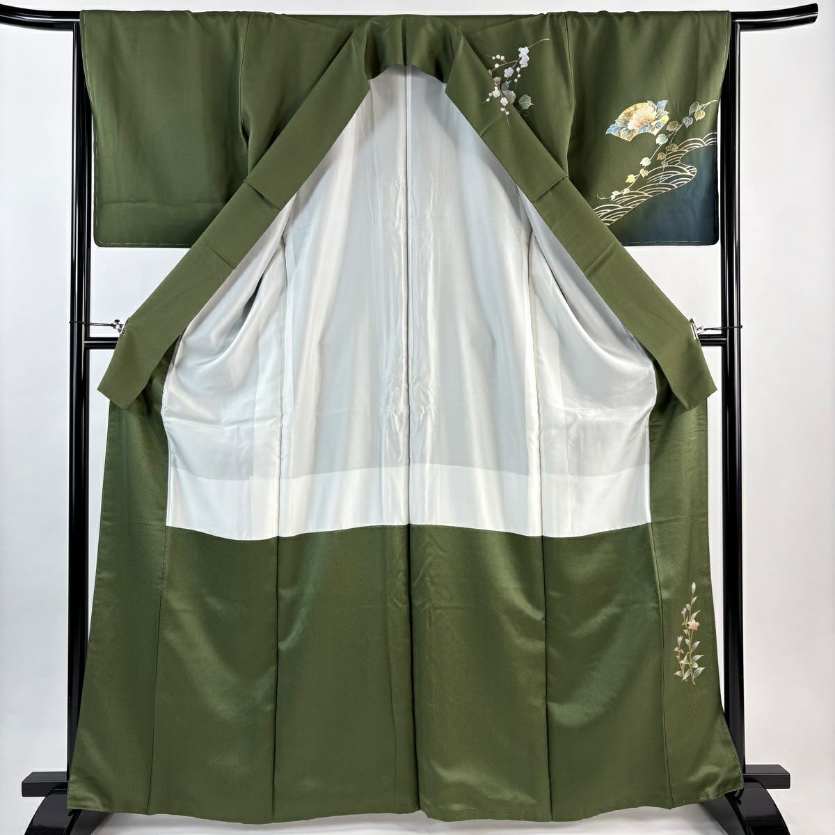 付下 身長165cm 袖長65.5cm M 雙層 扇子面 枝梅花 金銀彩 漸層 茶綠 純蠶絲 優品級