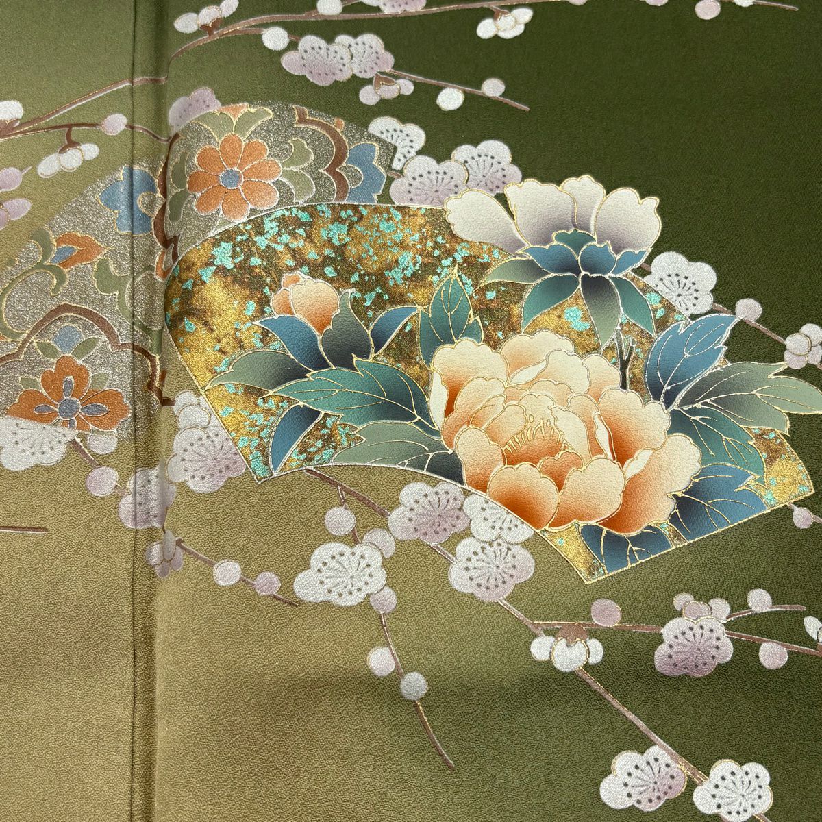 付下 身長165cm 袖長65.5cm M 雙層 扇子面 枝梅花 金銀彩 漸層 茶綠 純蠶絲 優品級