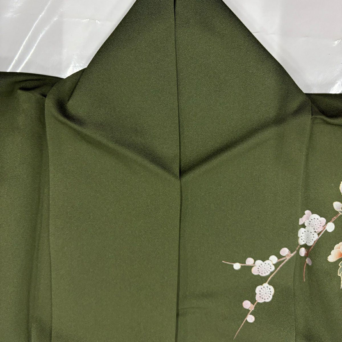 付下 身長165cm 袖長65.5cm M 雙層 扇子面 枝梅花 金銀彩 漸層 茶綠 純蠶絲 優品級