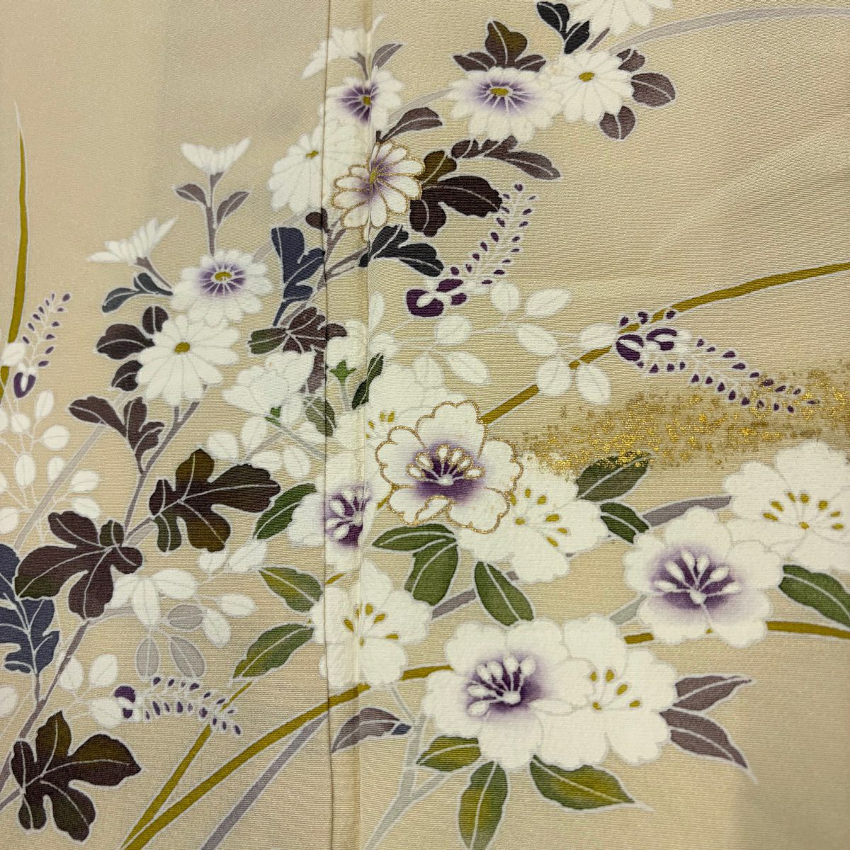 付下 身長155cm 袖長67.5cm L 雙層 菊花 萩 金銀彩 米色 純蠶絲 優品級 一個紋