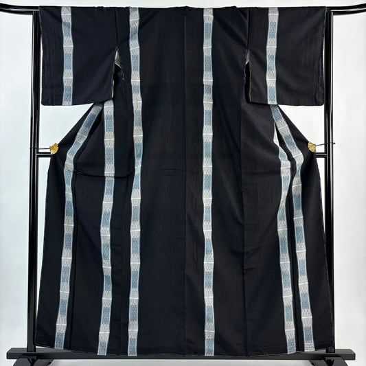 【美品】 付下 身長160cm 袖長64cm M 雙層 紬織織 縞 絣 黑 純蠶絲 秀品級