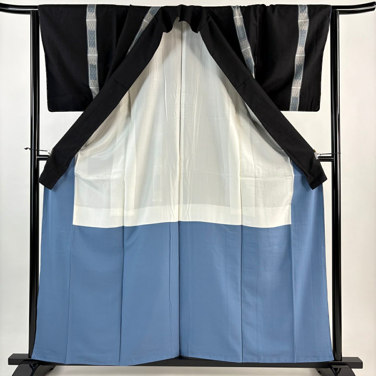 【美品】 付下 身長160cm 袖長64cm M 雙層 紬織織 縞 絣 黑 純蠶絲 秀品級