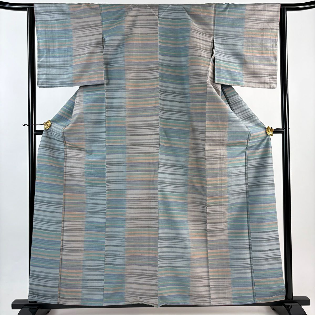 【美品】 紬織 身長160.5cm 袖長64.5cm M 雙層 縞 灰綠 純蠶絲 秀品級
