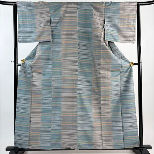 【美品】 紬織 身長160.5cm 袖長64.5cm M 雙層 縞 灰綠 純蠶絲 秀品級