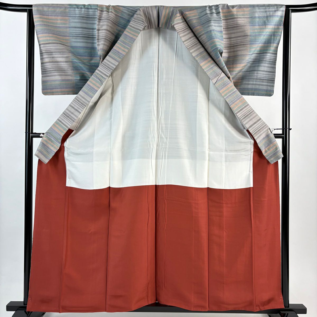 【美品】 紬織 身長160.5cm 袖長64.5cm M 雙層 縞 灰綠 純蠶絲 秀品級