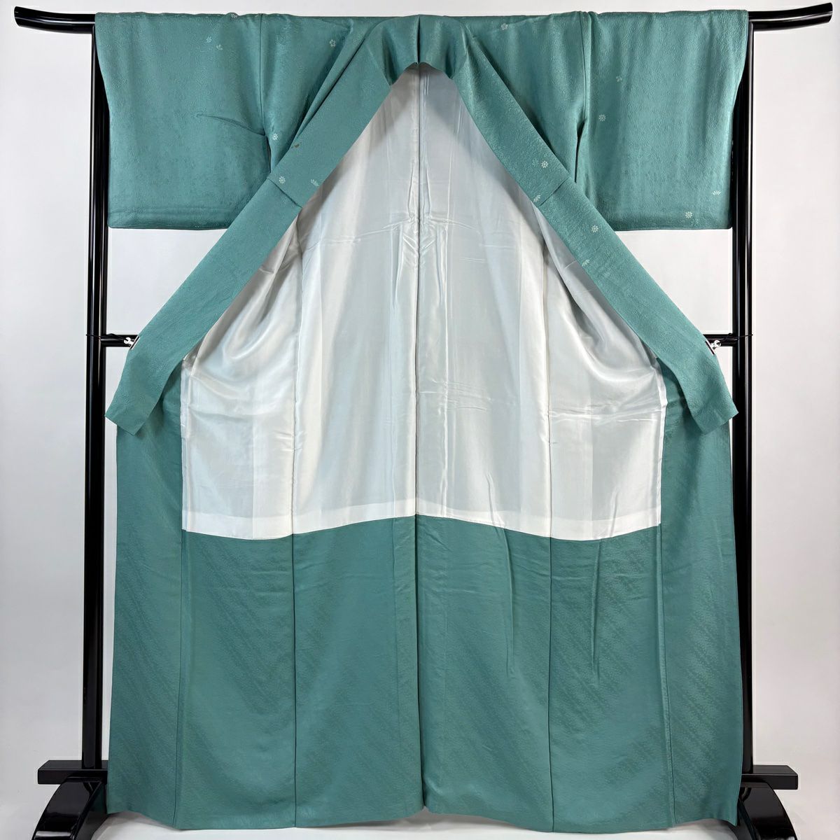 小紋 身長165.5cm 袖長66.5cm M 雙層 落款あり 松樹 梅花 薄綠 純蠶絲 秀品級 一つ紋