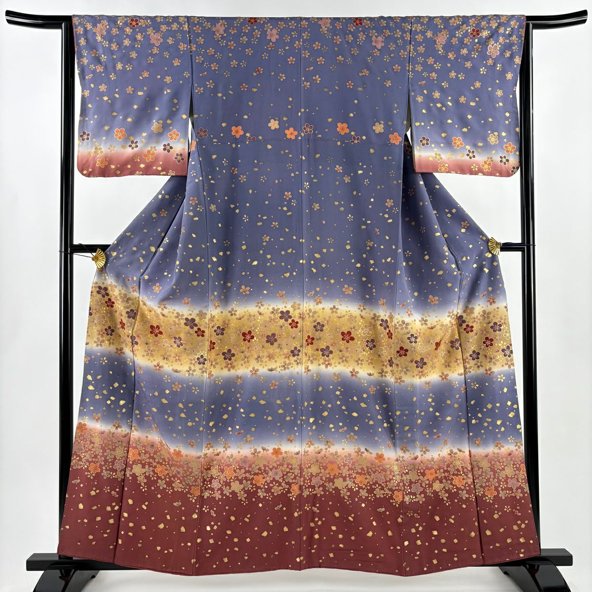 訪問服 身長159.5cm 袖長64cm M 雙層 梅花 金金箔散佈 金銀彩 漸層 灰紫 純蠶絲 優品級