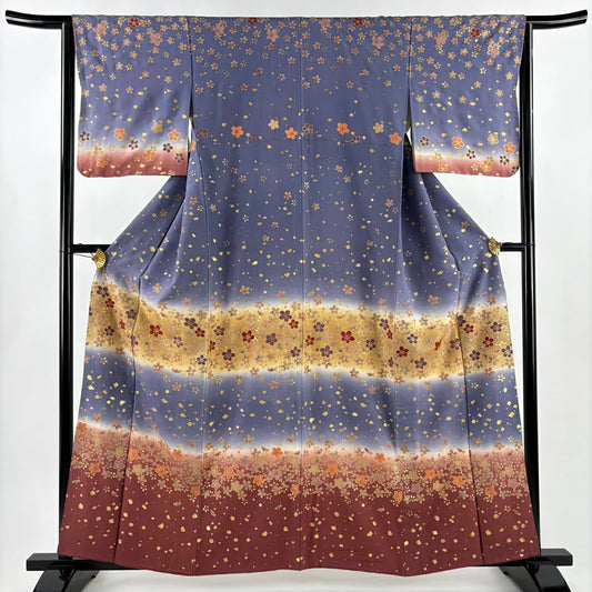訪問服 身長159.5cm 袖長64cm M 雙層 梅花 金金箔散佈 金銀彩 漸層 灰紫 純蠶絲 優品級