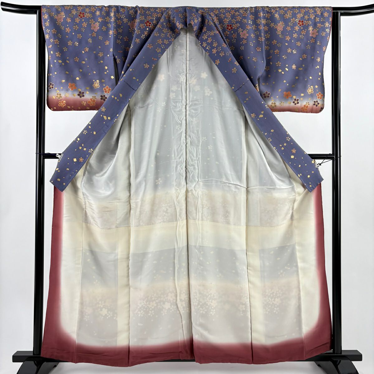 訪問服 身長159.5cm 袖長64cm M 雙層 梅花 金金箔散佈 金銀彩 漸層 灰紫 純蠶絲 優品級
