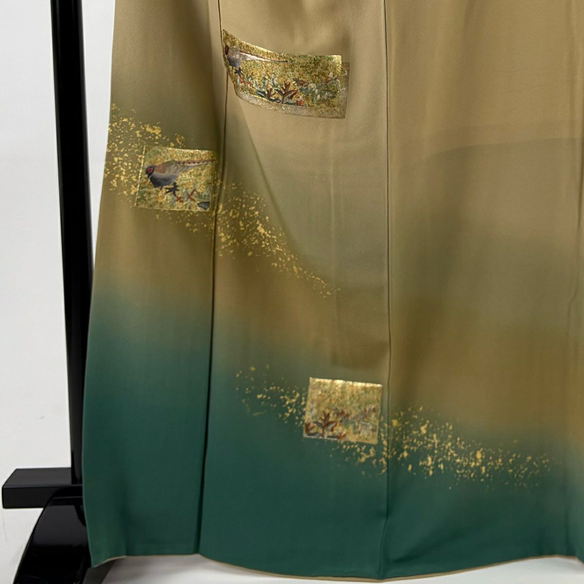 付下 身長167cm 袖長65cm M 雙層 色紙 花鳥 金銀彩 漸層 黃土 純蠶絲 優品級