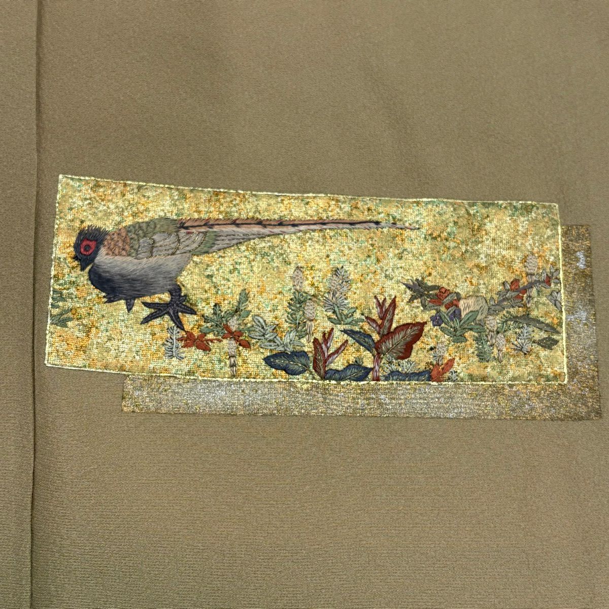 付下 身長167cm 袖長65cm M 雙層 色紙 花鳥 金銀彩 漸層 黃土 純蠶絲 優品級