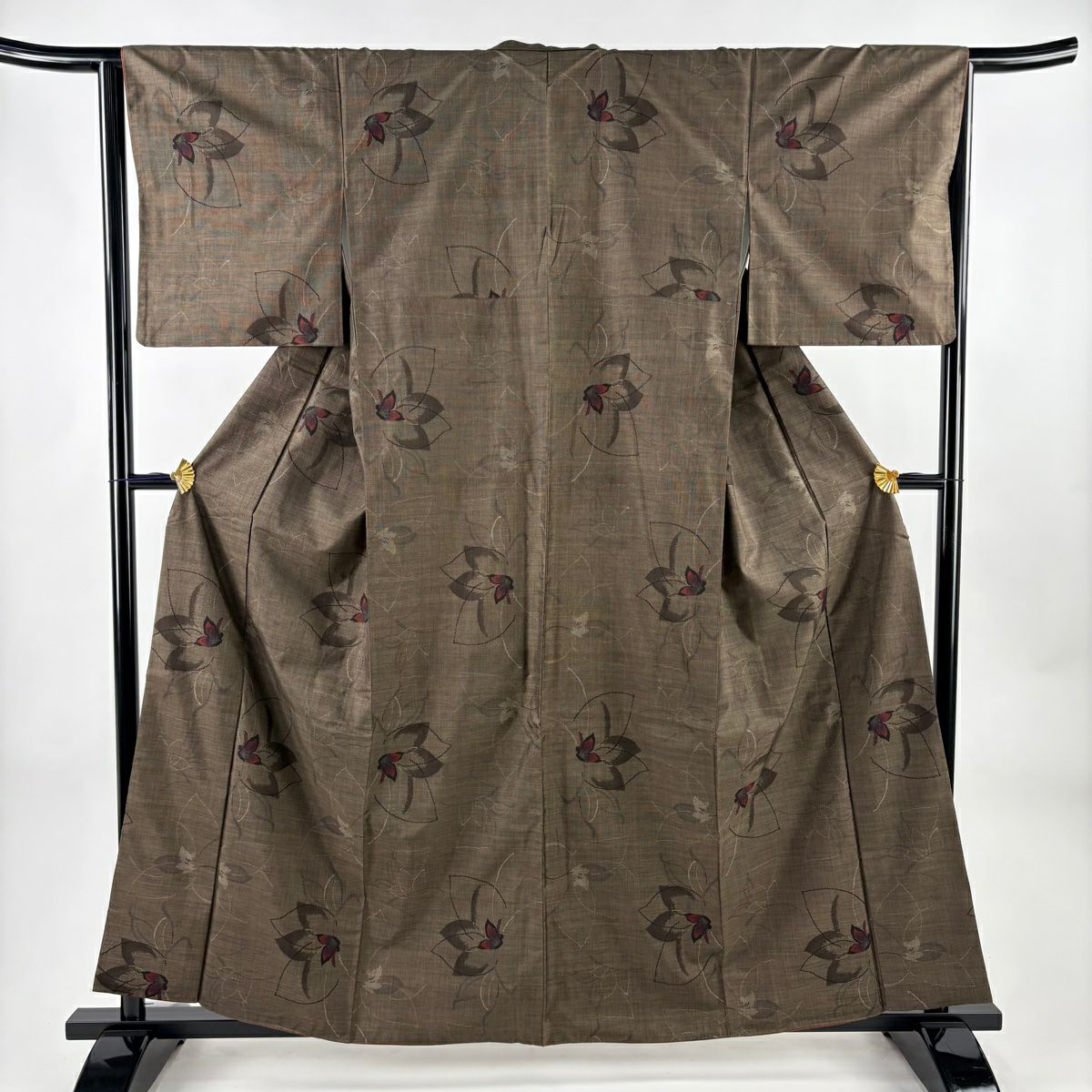 【美品】 大島紬織 身長159cm 袖長64.5cm M 雙層 純泥染 證書あり 花 焦茶 純蠶絲 秀品級