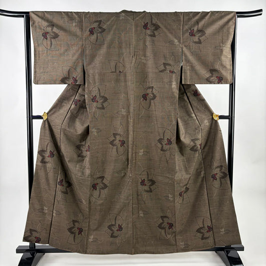 【美品】 大島紬織 身長159cm 袖長64.5cm M 雙層 純泥染 證書あり 花 焦茶 純蠶絲 秀品級