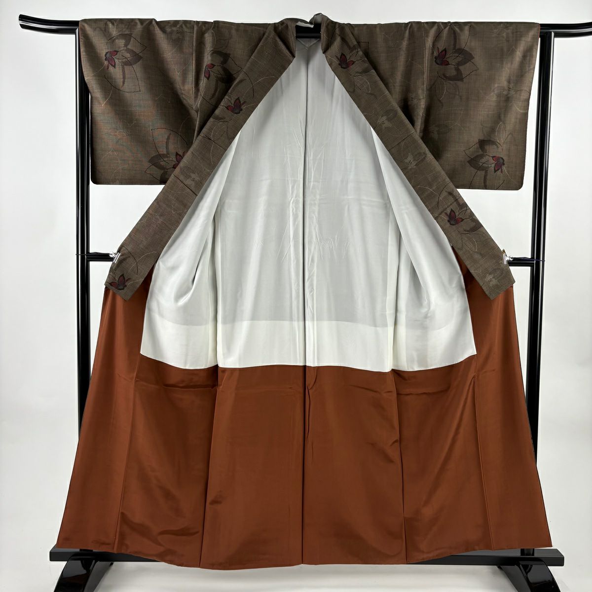 【美品】 大島紬織 身長159cm 袖長64.5cm M 雙層 純泥染 證書あり 花 焦茶 純蠶絲 秀品級