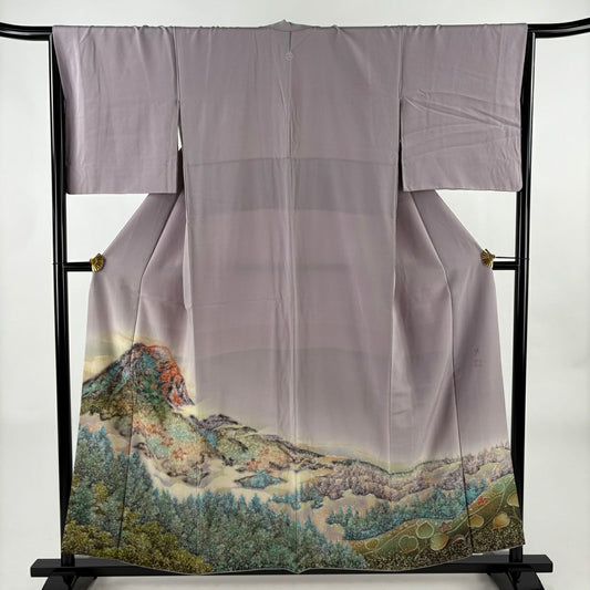 色留袖禮服 身長157cm 袖長65.5cm M 雙層 落款あり 山並 樹木 絞染 漸層 薄紫 純蠶絲 秀品級 一つ紋