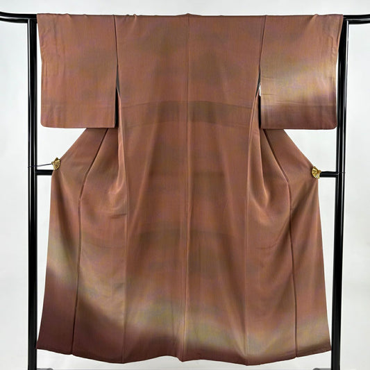 【美品】 付下 身長150.5cm 袖長64cm M 雙層 縞 幾何学模様 ぼかし 紅茶 純蠶絲 秀品級