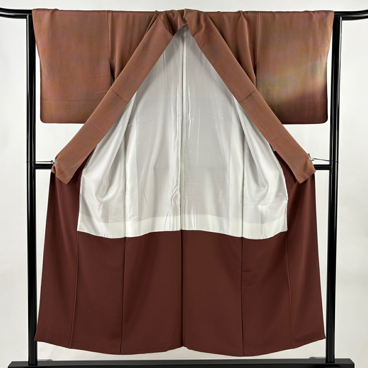 【美品】 付下 身長150.5cm 袖長64cm M 雙層 縞 幾何学模様 ぼかし 紅茶 純蠶絲 秀品級