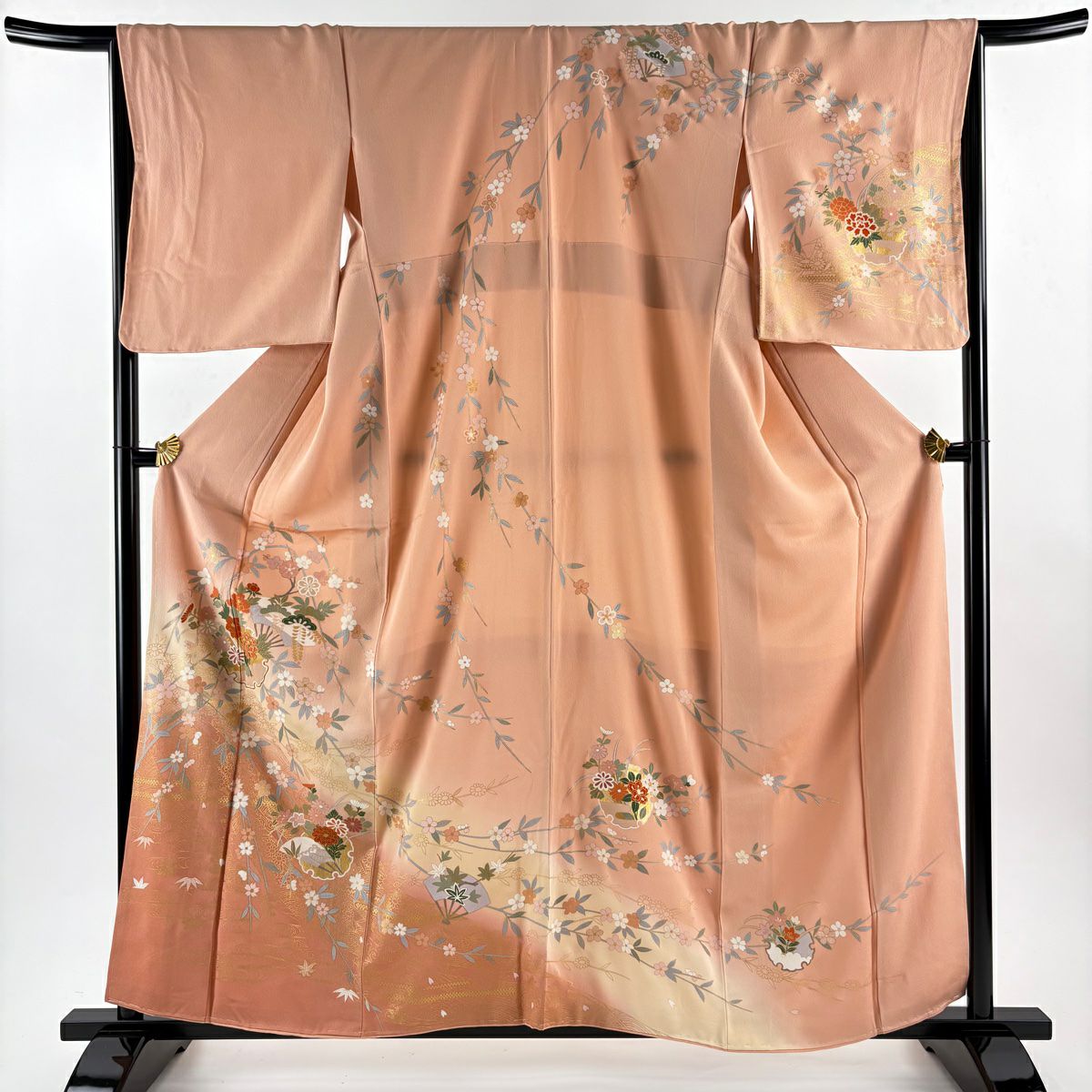 訪問服 身長159.5cm 袖長66cm M 雙層 雪輪 草花紋 金絲 金銀彩 鮭粉色 純蠶絲 秀品級