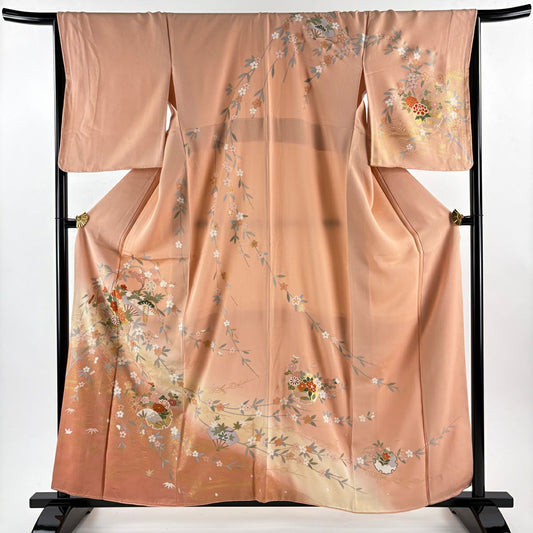 訪問服 身長159.5cm 袖長66cm M 雙層 雪輪 草花紋 金絲 金銀彩 鮭粉色 純蠶絲 秀品級