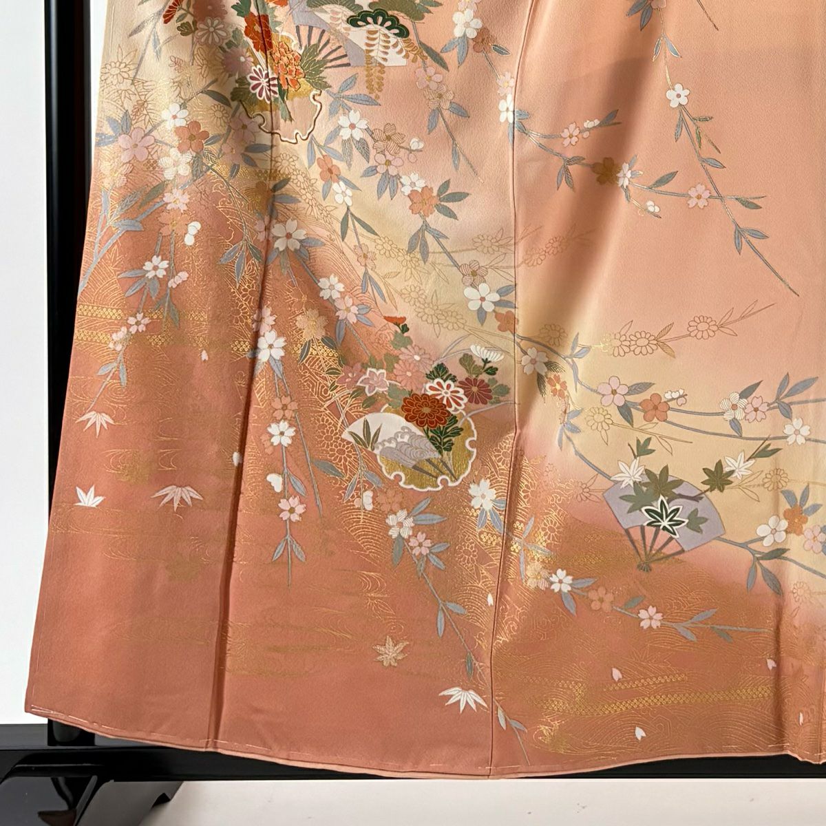訪問服 身長159.5cm 袖長66cm M 雙層 雪輪 草花紋 金絲 金銀彩 鮭粉色 純蠶絲 秀品級