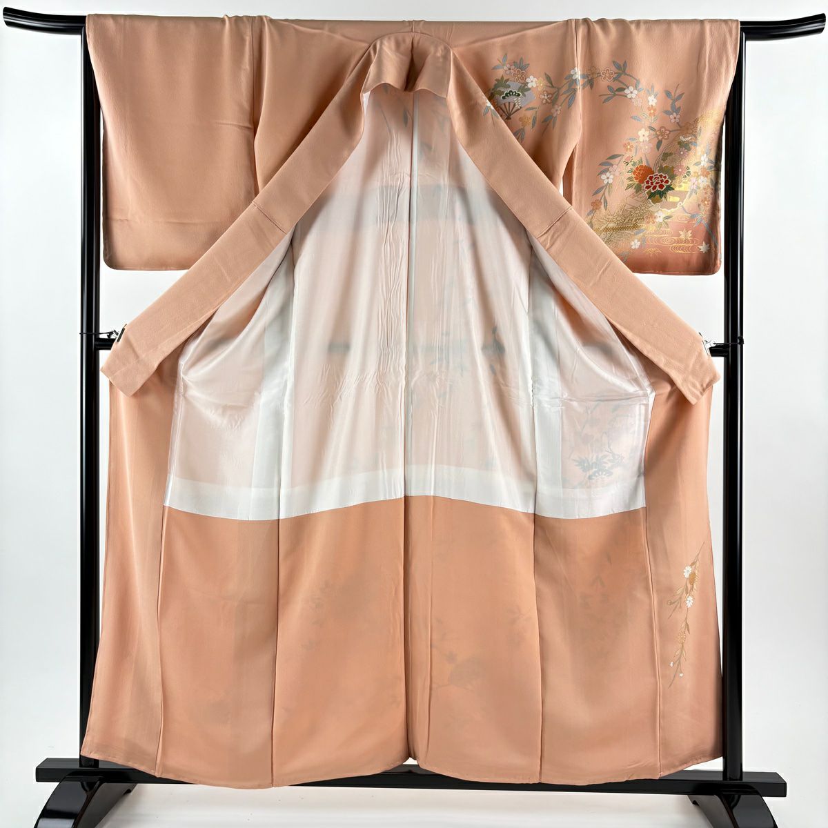 訪問服 身長159.5cm 袖長66cm M 雙層 雪輪 草花紋 金絲 金銀彩 鮭粉色 純蠶絲 秀品級
