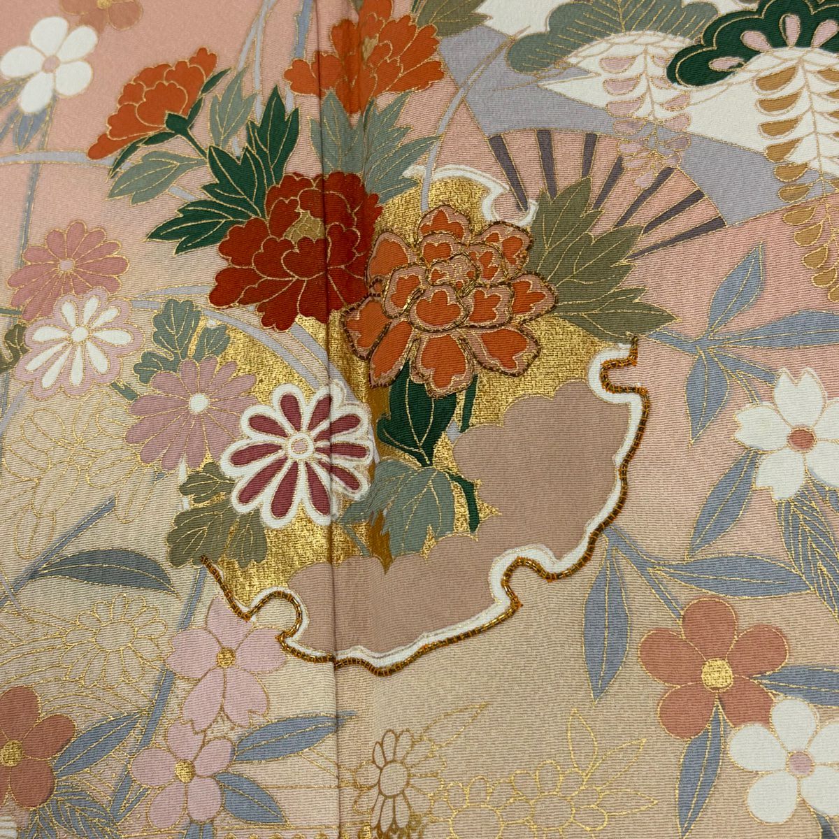 訪問服 身長159.5cm 袖長66cm M 雙層 雪輪 草花紋 金絲 金銀彩 鮭粉色 純蠶絲 秀品級