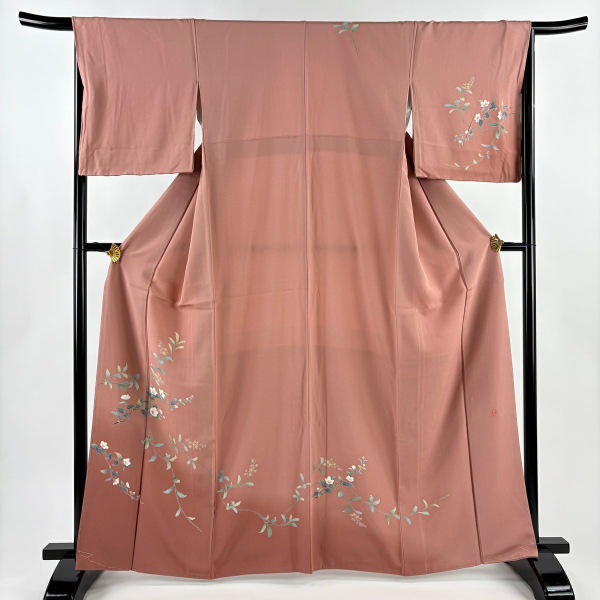 【美品】訪問服 身長163cm 袖長66cm M 雙層 落款あり 枝花 櫻花 粉紅 純蠶絲 秀品級