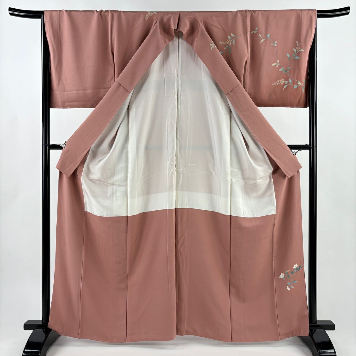 【美品】訪問服 身長163cm 袖長66cm M 雙層 落款あり 枝花 櫻花 粉紅 純蠶絲 秀品級