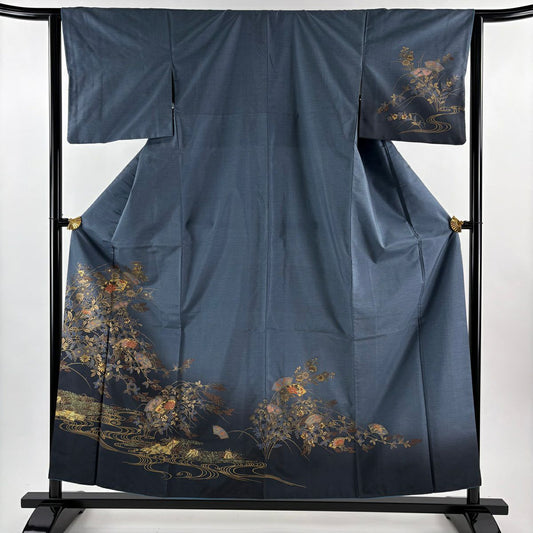 訪問服 身長156.5cm 袖長63cm S 雙層 紬織織 扇子面 秋草 金彩裝飾 漸層 青灰 純蠶絲 秀品級