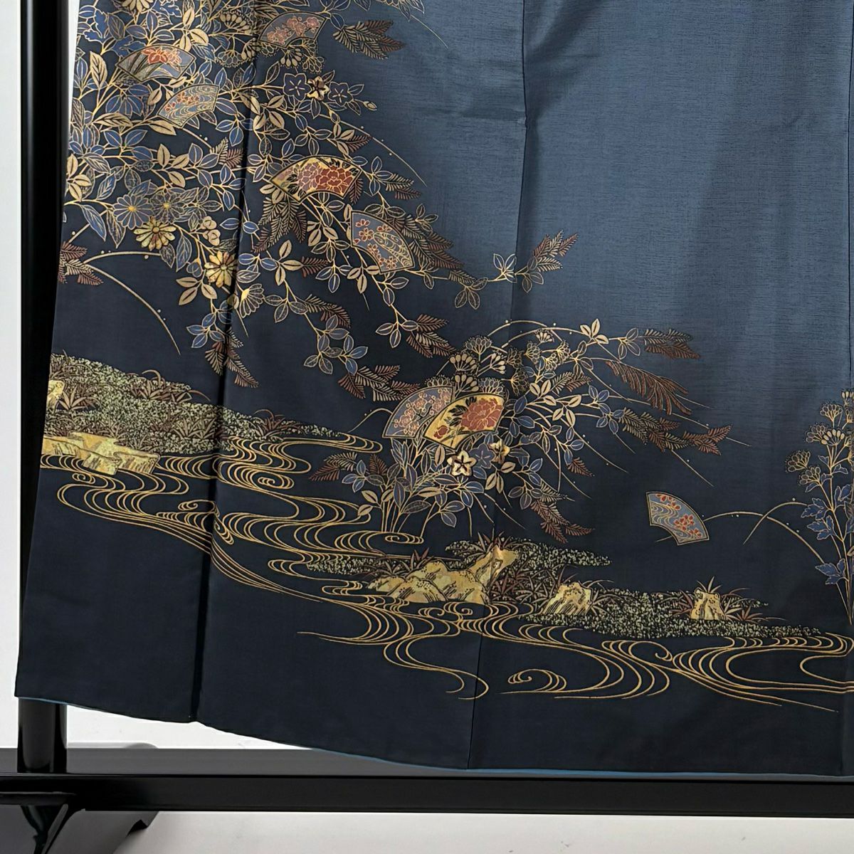 訪問服 身長156.5cm 袖長63cm S 雙層 紬織織 扇子面 秋草 金彩裝飾 漸層 青灰 純蠶絲 秀品級