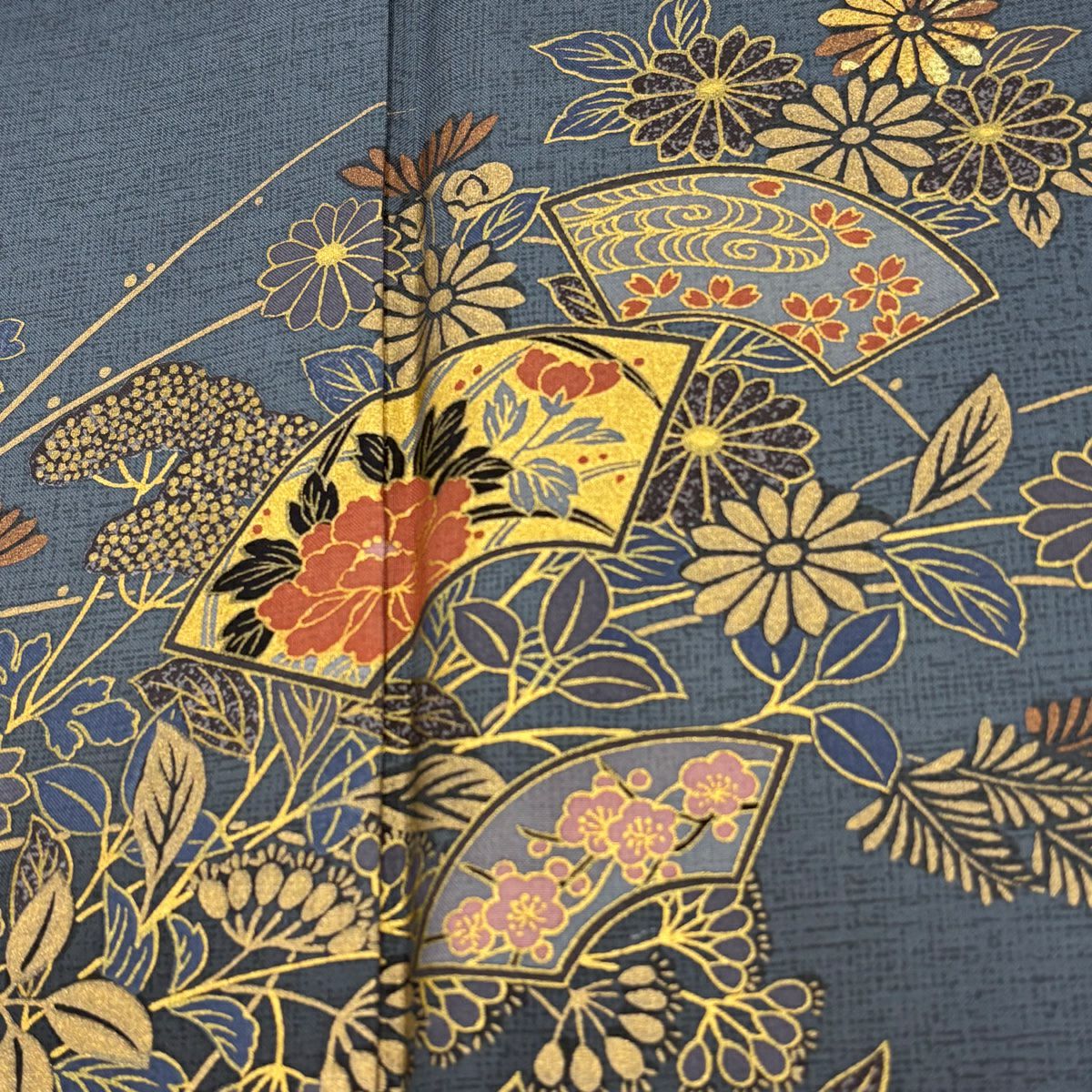 訪問服 身長156.5cm 袖長63cm S 雙層 紬織織 扇子面 秋草 金彩裝飾 漸層 青灰 純蠶絲 秀品級