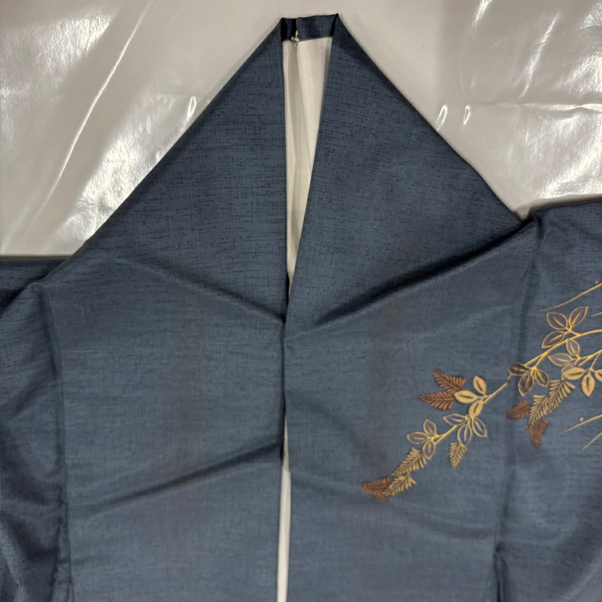 訪問服 身長156.5cm 袖長63cm S 雙層 紬織織 扇子面 秋草 金彩裝飾 漸層 青灰 純蠶絲 秀品級