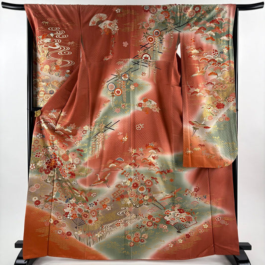 振袖禮服 身長166cm 袖長67.5cm L 雙層 花車 仙鶴 金彩裝飾 漸層 粉米色 純蠶絲 優品級