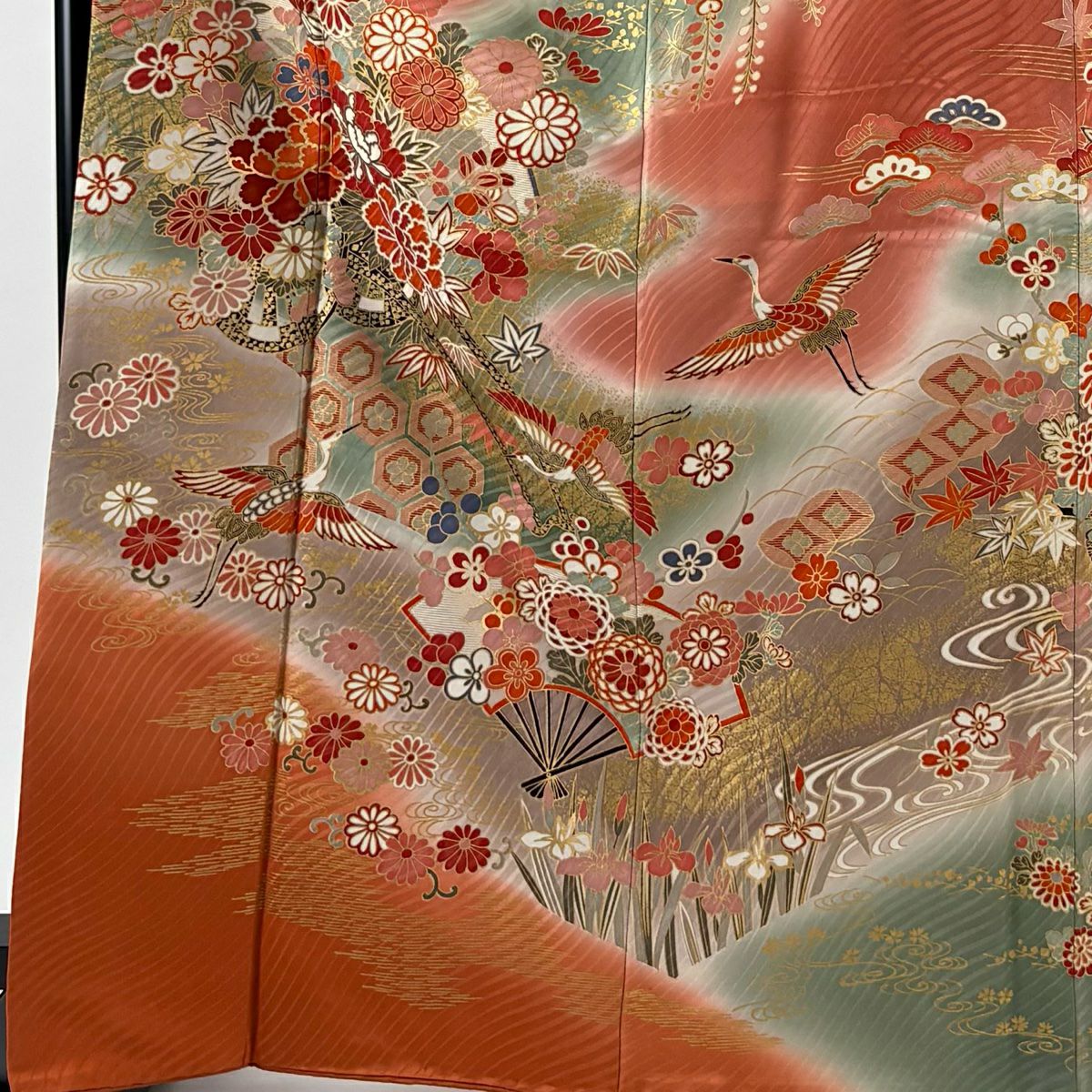 振袖禮服 身長166cm 袖長67.5cm L 雙層 花車 仙鶴 金彩裝飾 漸層 粉米色 純蠶絲 優品級