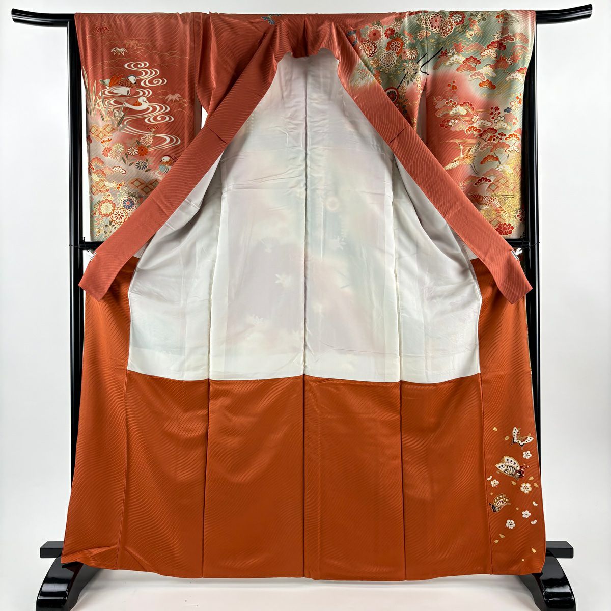 振袖禮服 身長166cm 袖長67.5cm L 雙層 花車 仙鶴 金彩裝飾 漸層 粉米色 純蠶絲 優品級