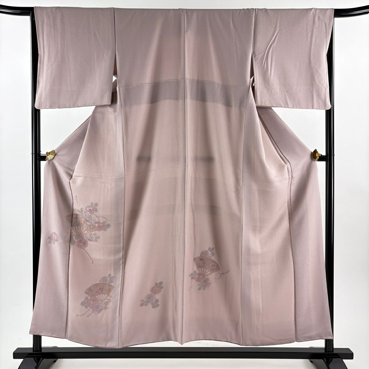 【美品】 付下 身長154cm 袖長66cm M 雙層 扇子菊花刺繡 淺豆色 純蠶絲 優品級