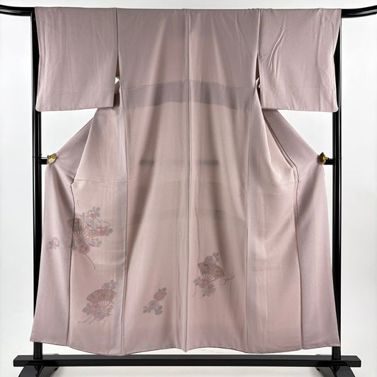 【美品】 付下 身長154cm 袖長66cm M 雙層 扇子菊花刺繡 淺豆色 純蠶絲 優品級