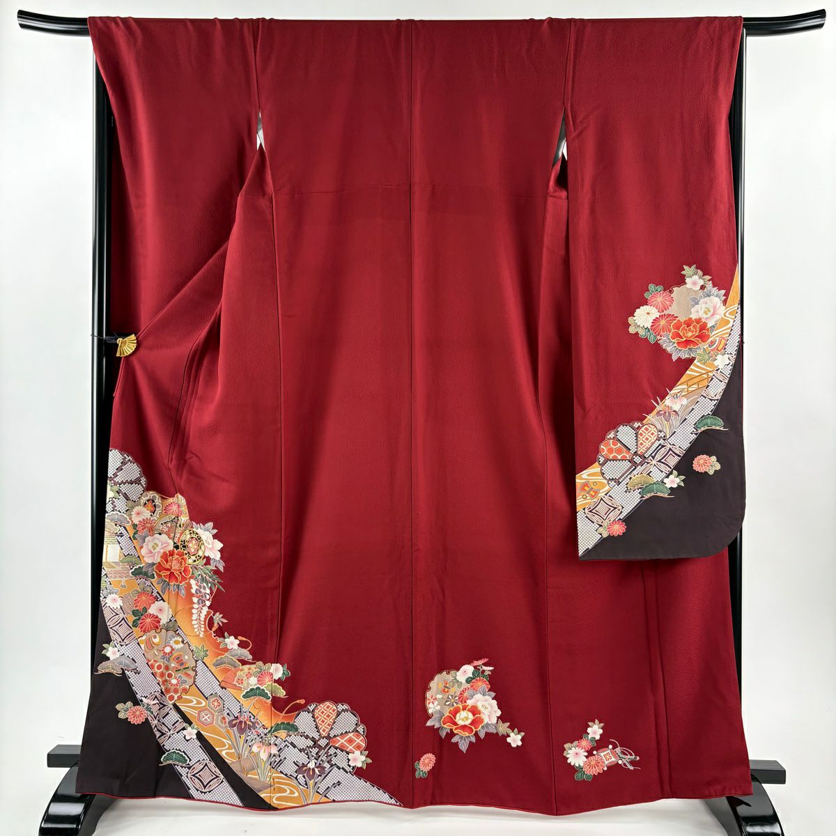 振袖禮服 身長165.5cm 袖長66.5cm M 雙層 鼓 雪輪 金絲 金銀彩 紅 純蠶絲 優品級