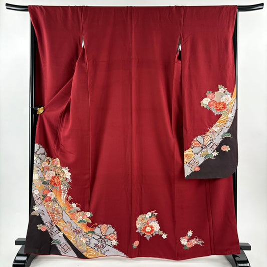 振袖禮服 身長165.5cm 袖長66.5cm M 雙層 鼓 雪輪 金絲 金銀彩 紅 純蠶絲 優品級