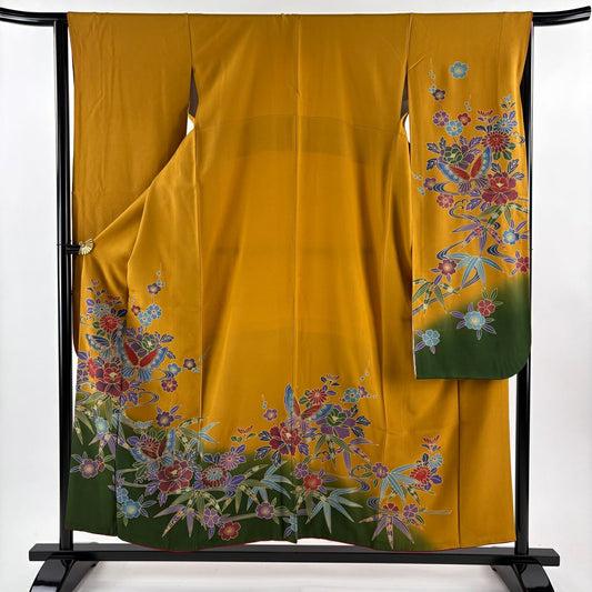 振袖禮服 身長155cm 袖長64cm M 雙層 牡丹 蝶 金銀彩 漸層 山吹茶 純蠶絲 秀品級