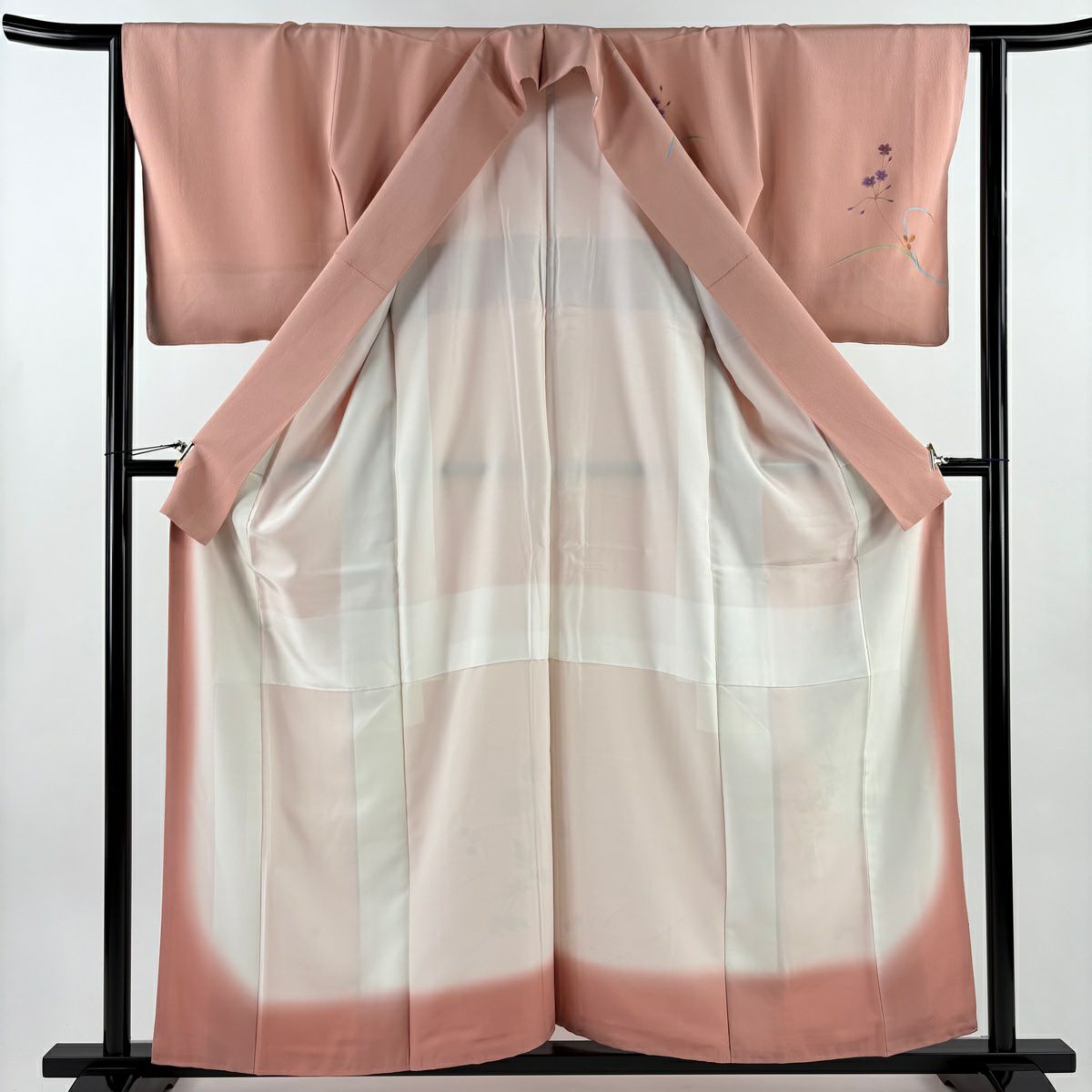 【美品】 付下 身長157.5cm 袖長63.5cm S 雙層 草花紋紋 漸層 染分 粉紅 純蠶絲 優品級